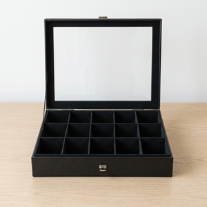Caja expositora de relojes de cuero PU con 15 ranuras, logotipo personalizado, fabricante OEM de Vietnam, cierre de metal, 33 x 22 x 7.5 cm - Product Image 1