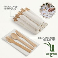 Ensemble de couverts en bambou pré-roulés de qualité supérieure avec serviette, kit d'ustensiles jetables 100% biodégradables pour mariage et fête
