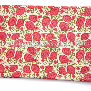 Handmade Block Printed Organic Eco-Friendly Cotton Garment Material Indian White Base Red Flower Green Leaf Design Dress Bags - Product Image 1