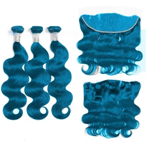 Perruque en dentelle bleu lac 4*4/13*4, cheveux humains ondulés bleus, en vrac, pouvant être permanentés - Product Image 1