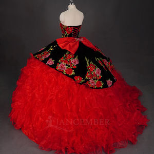 Vestido de Quinceañera Rojo Charro Jancember WC045, Vestido de Baile Floral, Vestido de Novia de Terciopelo Negro con Volantes, Ropa para Fiestas de Cumpleaños, Banquetes y Eventos - Product Image 3