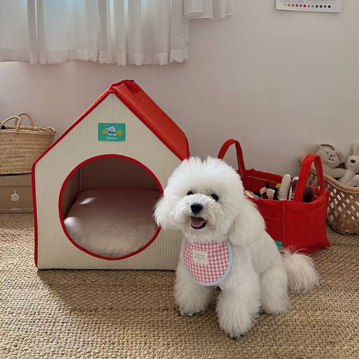 Red Pet House Tent Bed – Semi-Enclosed Cat & Dog Bed with Removable Washable Cushion