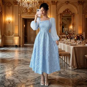 Vestido Nuevo de Estilo Europeo Americano con Volantes y Jacquard, <span class=keywords><strong>Falda</strong></span> Elegante de Gasa <span class=keywords><strong>Azul</strong></span>, Vestido de Cuello Cuadrado de Cintura Alta para Mujer al por Mayor - Product Image 1