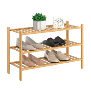 Étagère à chaussures en bambou naturel à 3 niveaux Porte d'entrée pratique multifonction empilable sur pied Étagère à chaussures sur pied Organisateur de support