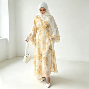 Loriya 2026 Abaya Estiva in Chiffon Floreale a Due Strati con Maniche Svasate, Vestito Lungo Islamico Modesto per Donna, Vendita all'Ingrosso - Product Image 5