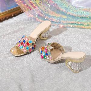 Women Multicolor Rhinestone Slide Sandals Square Open Toe Transparent Crystal Block Heel Slip On Party <b>Mules</b> - Product Image 5