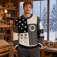 Pull tricoté personnalisé pour homme, motif blocs de couleur Noël, bonhomme de neige, couronne, cloche, intarsia, étoiles, panneau torsadé, OEM ODM