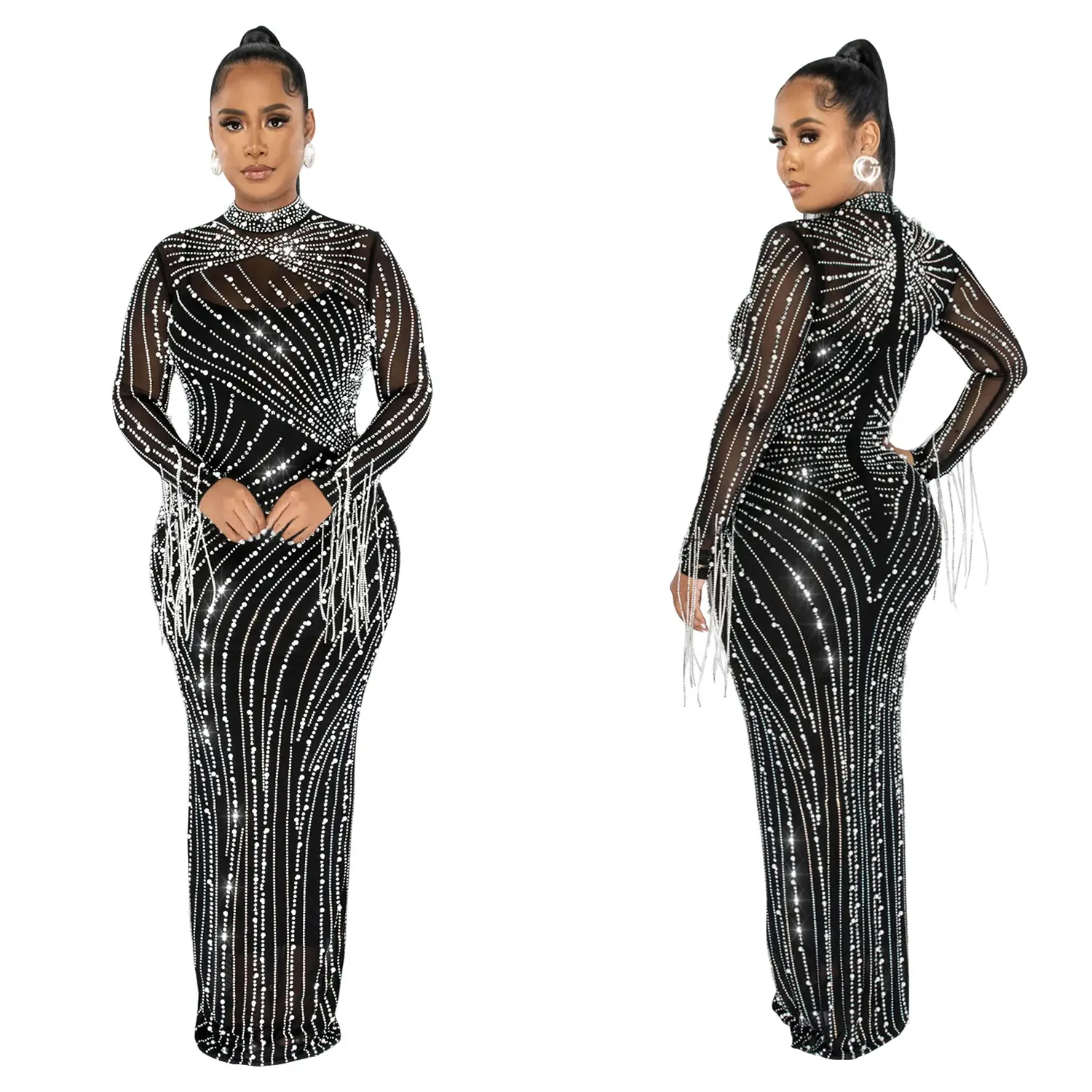 Cx6266 Sexy Doorschijnende Mesh Lange Mouw Strass Feestjurk Franje Avond Bruiloft Prom Jurken Met Bodysuit