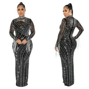 CX6266 Sexy Sheer Mesh Manga Longa Rhinestone Vestido De Festa Fringe Noite Casamento Prom Vestidos Com Bodysuit