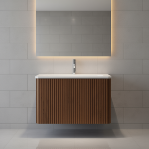 Meuble-lavabo de salle de bain moderne avec robinet mural, design flottant rectangulaire en céramique, finition noyer rayé, vasque monobloc - Product Image 2