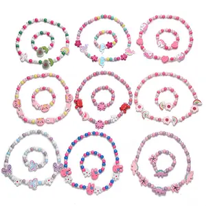 2404 mignon dessin animé motif breloque collier Bracelet perles en bois naturel pour enfants jouets fille anniversaire cadeau ensembles de bijoux