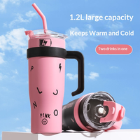 Nouvelle Tasse Thermos Isotherme en Acier Inoxydable Noir et Rose, Grande Tasse à Café avec Paille, Mug Isotherme 40oz avec Poignée pour Voiture et Voyage