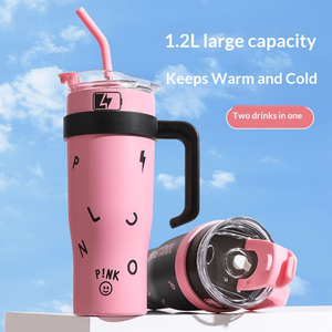 Nouvelle Tasse <span class=keywords><strong>Thermos</strong></span> <span class=keywords><strong>Isotherme</strong></span> en Acier Inoxydable Noir et Rose, Grande Tasse à <span class=keywords><strong>Café</strong></span> avec Paille, <span class=keywords><strong>Mug</strong></span> <span class=keywords><strong>Isotherme</strong></span> 40oz avec Poignée pour Voiture et Voyage - Product Image 5