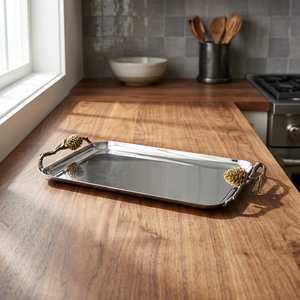 Polished Metal Serving Tray With <b>Pinecone</b> Handles Solid Finish Residential Use - Product Image 6