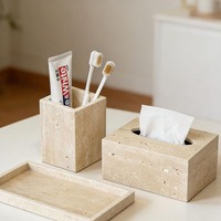 Ensemble de 3 pièces en pierre naturelle : Plateau rectangulaire en travertin, Pot de rangement et Boîte à mouchoirs en marbre rose