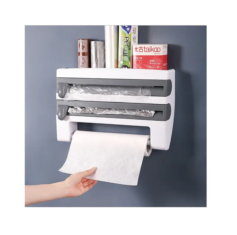 High Quality Multi-function Kitchen Paper Towel Holder Shelf Spice Storage Rack Plastic Wrap Cutting Cling Film Cutter