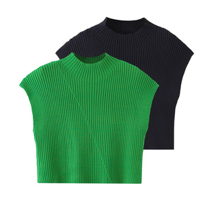 เสื้อกั๊กสั้นถักลายริบแบบพื้นฐานสำหรับผู้หญิง ยี่ห้อ Zevity ผลิตจากโพลีเอสเตอร์ คอสูง แขนกุด <span class=keywords><strong>ร</strong></span>ุ่นใหม่ - Product Image 1