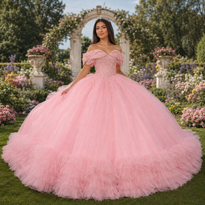 Dy8530 Elegant Blush Pink Quinceanera Gown Sweetheart Corset Beaded Applique Chiffon Ball <b>Dress</b> Layered <b>Ruffle</b> Hem Natural - Product Image 1