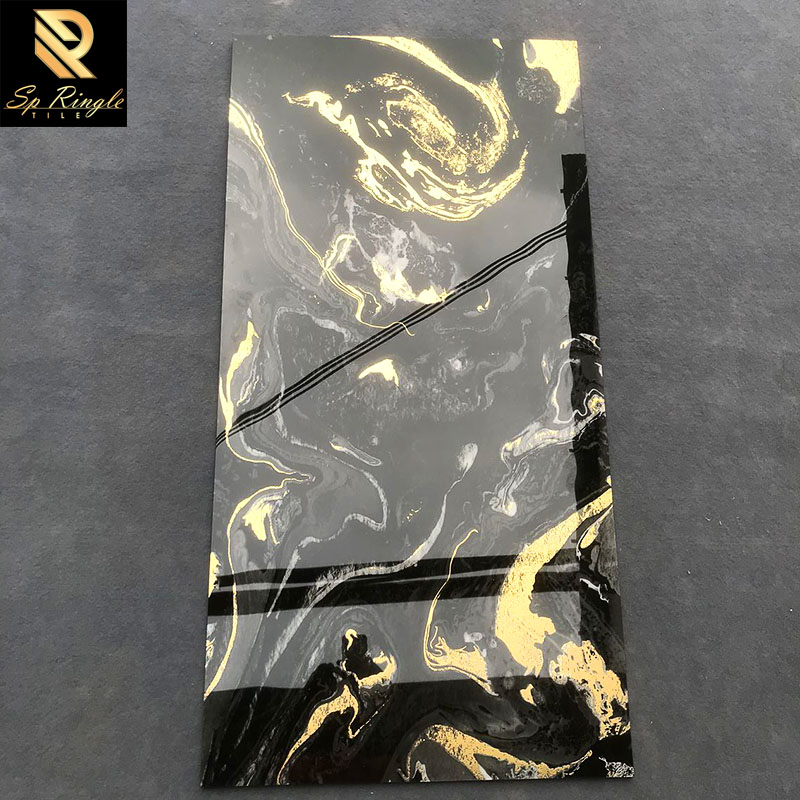 Black gold vein design KTV bar bathroom mirror tiles for decoration project custom ceramic marble decorative tiles for wall