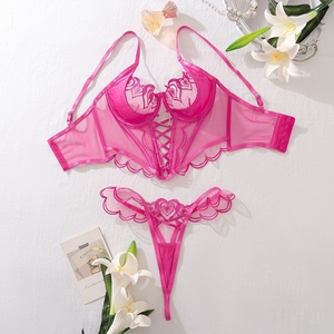 Conjunto de lencería sexy de 2 piezas para mujer, corsé de malla transparente con bordado de amor, sujetador y braga, color rosa. - Product Image 6