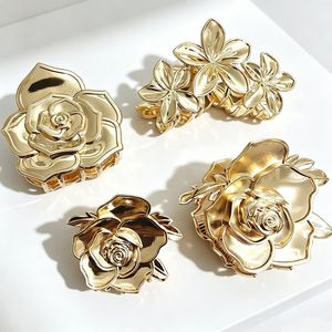 Pinces à cheveux en alliage doré motif fleur, élégantes, grandes pinces requin rose et plumeria pour chignon, usage quotidien pour femme - Product Image 1