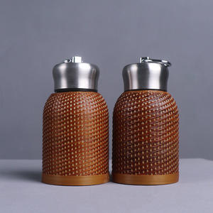 Stainless Steel Insulated <b>Flask</b> Bamboo Weave Portable Travel Mug Thermal <b>Bottle</b> For Outdoor Use With Lid 12-24 Hours Heat - Product Image 2