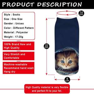 Kaus kaki pendek wanita, grosir pola kucing 3D lucu bercetak poliester seluruh bagian - Product Image 6