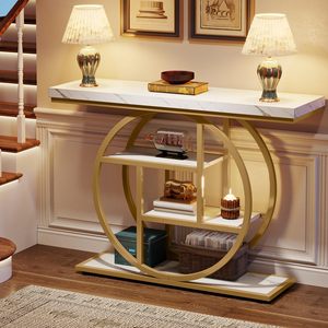Mesa Consola Moderna SENYU Dorada con Tapa de Mármol y Estante Circular de Almacenamiento para Entrada o Sala de Estar - Product Image 2
