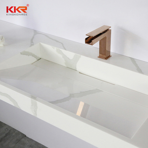 Lavabo mural moderne en surface solide modifiée, motif marbre quartz, pour hôtel, à poser sur comptoir de salle de bain - Product Image 2