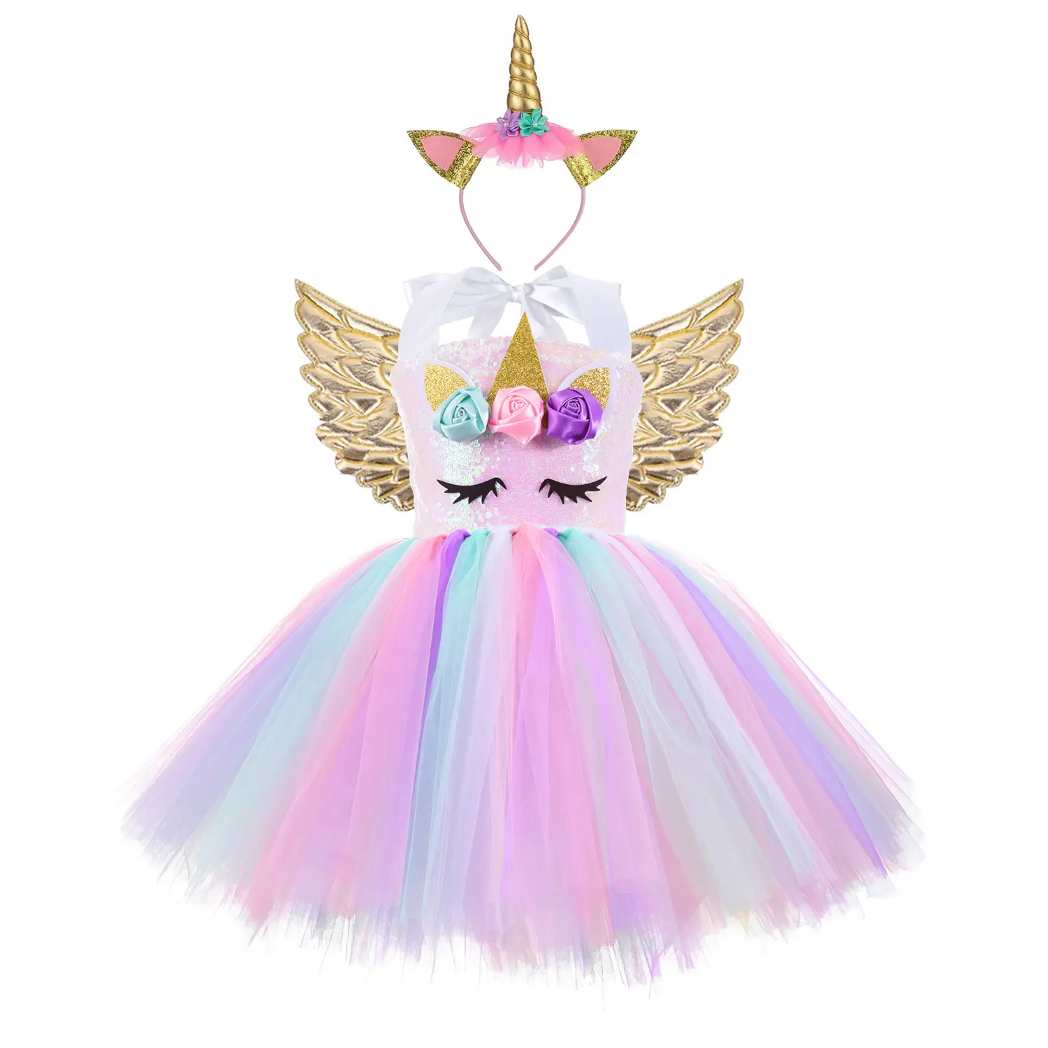 Vestido de festa para crianças, vestido de festa para meninas unicórnio, lantejoulas, saia tutu, arco-íris, vestido de princesa com faixa de cabeça e asas