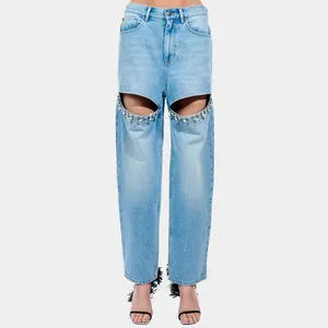 Twotwinstyle - Calça jeans feminina retrô com bolsos de diamantes e retalhos, calça jeans 2024