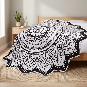 Tapisserie ronde Mandala Lotus noir et blanc, style bohème indien, pour mur, plage, nappe en coton, drap de yoga, 70 pouces - Product Image 1
