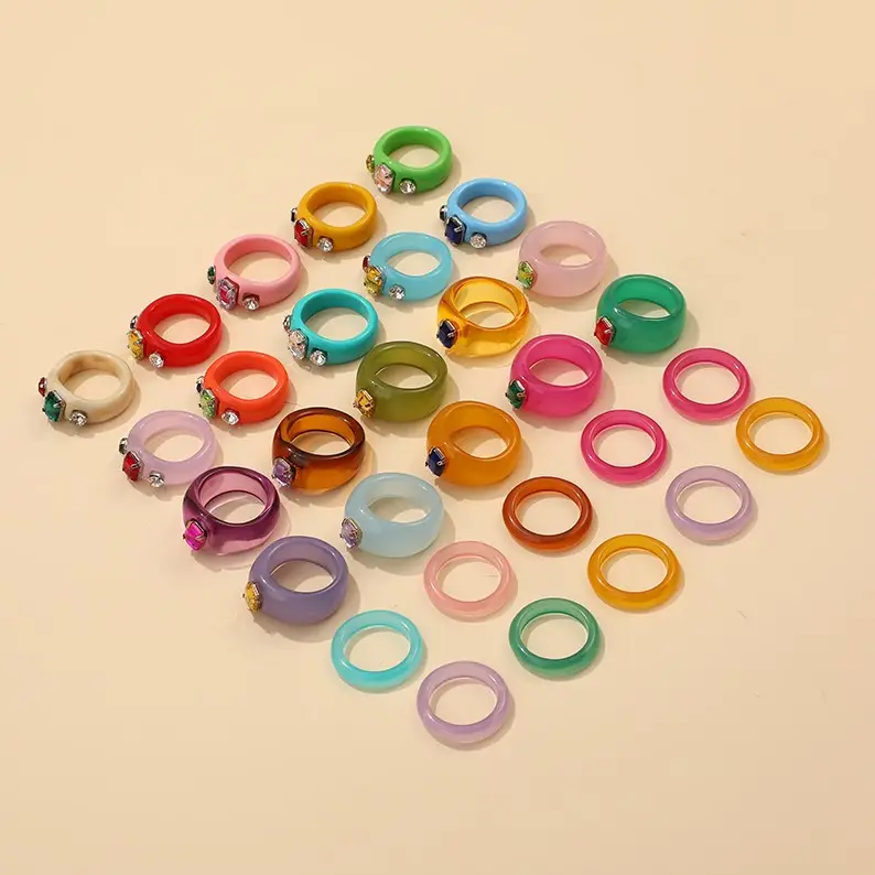 Acrylic Rectangle Rhinestone Rings for Women Colorful Luxury Crystal Finger Resin Rings For Girls Korea Engagement Ring