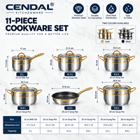 Ensemble de 11 ustensiles de cuisine de luxe légers en acier inoxydable, compatibles induction, avec couvercles en verre, lavables au lave-vaisselle