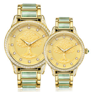 Reloj de pareja de lujo con esfera 3D del Árbol de la Vida, correa de jade verde, incrustaciones de diamantes dorados, reloj mecánico automático para hombre y mujer - Product Image 2