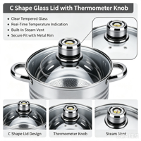 Set Peralatan Masak Stainless Steel Premium 18-Piece, Termasuk Casserole, Saucepan, Frypan, Tutup Kaca, Termometer, Gagang, Kompatibel dengan Induksi