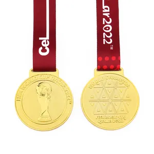 Football Sports Match Embossing Metal Medals with Red Ribbon for 2022 World Cup Souvenirs