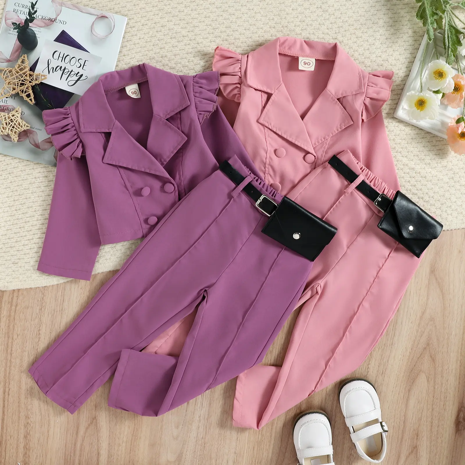 Wholesale 2022 Autumn Fashion Kids Clothes Sets Girls Solid Ruffle Long Sleeve Jacket long pants Sets with belt and coin purse