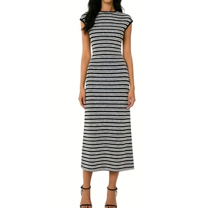 Women's <b>Cap</b> Sleeve Striped Knit Midi Dress Bodycon Textured Dress With Retro Geometric Pattern Dresses Fashion - Product Image 5