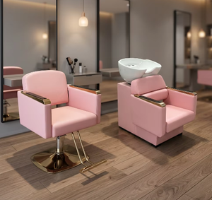 Sillón de Barbería de Lujo en PU Rosa con Reposabrazos Dorados, Silla Hidráulica de Estilismo, Silla para Lavado de Cabello para Salón - Product Image 3