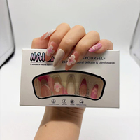 Faux ongles en amande à presser, rose nude, motif fleur 3D et ruban, réutilisables, en acrylique, pour femme, usage quotidien