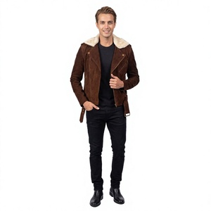 <b>Men's</b> <b>Brown</b> <b>Suede</b> Moto <b>Jacket</b> With Faux Fur Lining Zipper Closure Winter Outerwear - Product Image 5