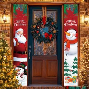 Couplet de porte de Noël intérieur/extérieur avec Père Noël et bonhomme de neige de dessin animé, 30*180cm, avec tringle de suspension incluse, décorations de fêtes - Product Image 4