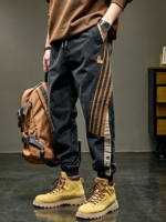 Pantalon décontracté pour hommes, coupe droite, patchwork, pantalon de travail, printemps, ample, taille mi-haute élastique, avec cordon de serrage à la cheville