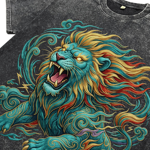T-shirts graphiques surdimensionnés personnalisés en coton noir délavé avec motif lion oriental, style streetwear vintage pour hommes, manches courtes - Product Image 6