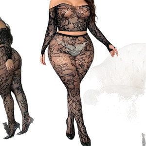 Ensemble de lingerie en dentelle et résille grande taille, manches longues, transparent, deux pièces, pour femmes - Product Image 1