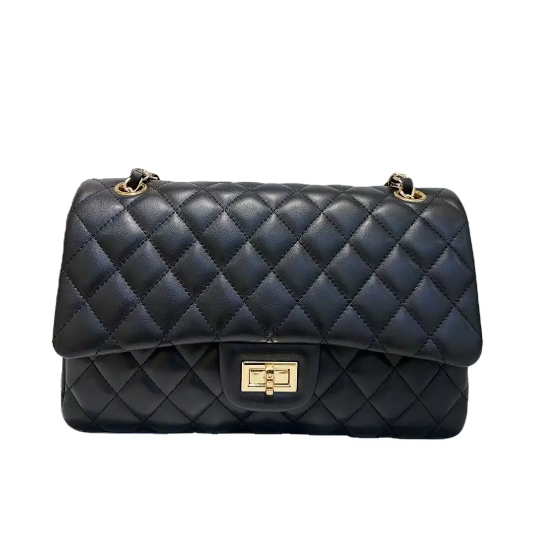 Handtaschen für Damen weiches Lammfell 25 cm schwarze Klapptasche mit Kette Leder Luxustaschen für Damen