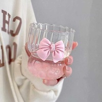 Gobelet en Verre Borosilicate Rose avec Nœud Résistant à la Chaleur, Design Coréen, Tasse à Café Thé avec Couvercle, Motif Vertical, Tasse Rebordie pour Filles