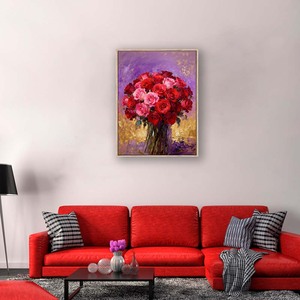 Impression d'art mural peinte à la main sur toile sur le thème de la nature morte florale avec des roses dans un vase bleu |   Toile encadrée pour décoration murale | - Product Image 5
