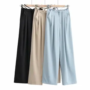 2023 Hot Office Lady Lounge Wear Trousers Straight Wide Leg High Waist Tied Women's Suit Pants